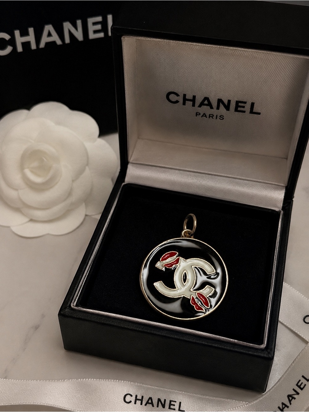 CHANEL stamped Black, red & White CC Logo Pendant/ charm/zipper pull